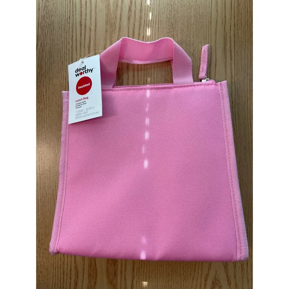 New Deal Worthy Insulated Lunch Bag Pink Zippered Top and Pocket size 8